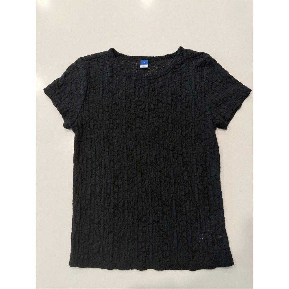 Old Navy Textured Crinkle Knit Top Women's Black Jack L Short Sleeve Round Neck